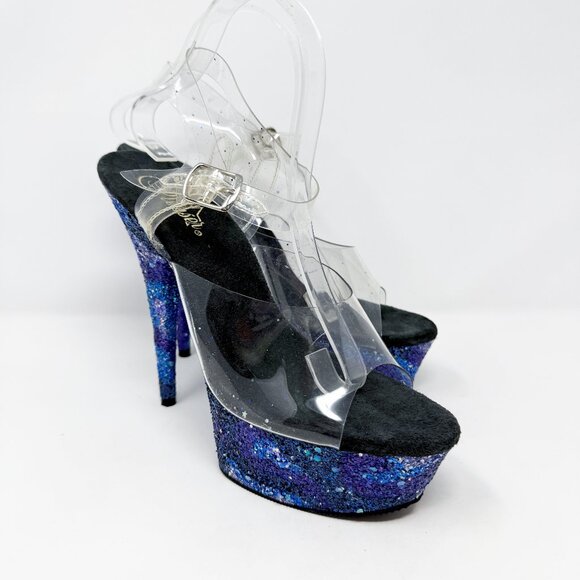 NWOB Pleaser Clear PVC High Platform Stilettos w Blue & Purple Glitter Size 10 - Picture 1 of 8